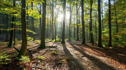 Sunlight Filtering Through Tall Trees in an Autumn Forest