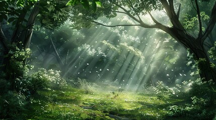 Obraz premium Sunlight Filtering Through Dense Green Forest Canopy