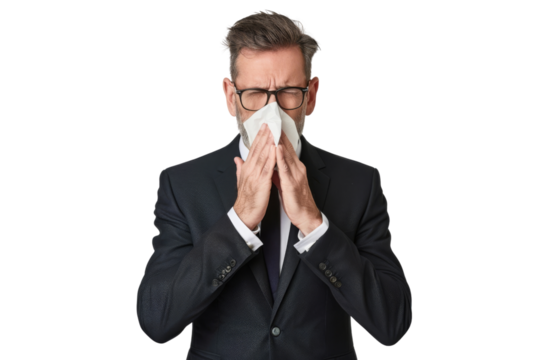 Sick businessman blowing nose using tissue paper isolated on white background