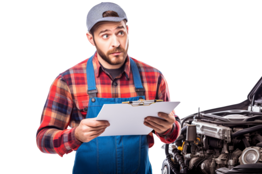 Skilled mechanic holding clipboard, inspecting car engine for issues Isolated on white background