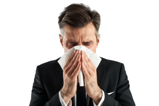 Sick businessman blowing nose using tissue paper isolated on white background