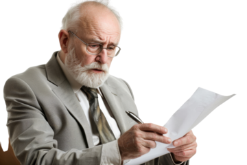 Seasoned professional looking over document, isolated on white background