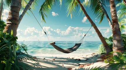 Fototapeta premium Tropical Bliss Hammock Swinging Between Palm Trees on SunKissed Beach