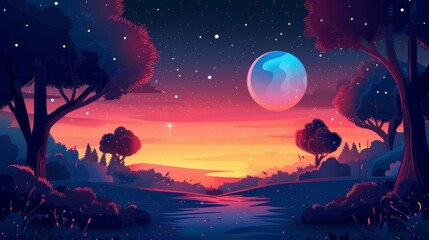 Fototapeta premium A Serene Nighttime Landscape with a Vibrant Moon and Sparkling Stars