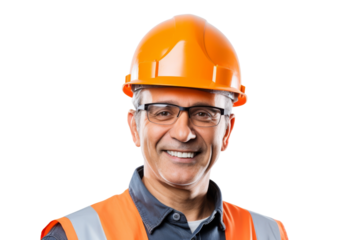 Safety engineer with safety glasses and helmet isolated on white background