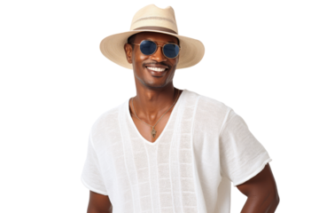 Relaxed ethnic man in summer outfit with sunglasses Isolated on white background