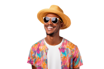 Relaxed ethnic man in summer outfit with sunglasses Isolated on white background