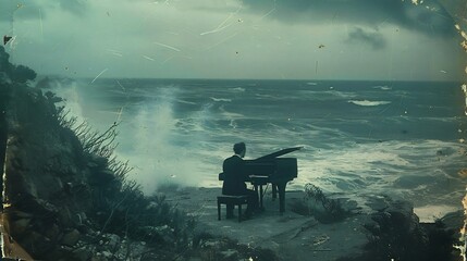 Lonely Piano Player on a Cliff overlooking the Ocean