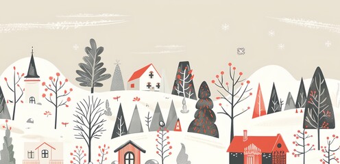 A winter scene with houses and trees. The houses are red and white. The trees are bare and the sky is gray