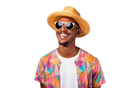 Relaxed ethnic man in summer outfit with sunglasses Isolated on white background - Powered by Adobe