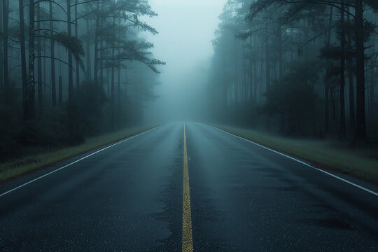 A foggy highway in a swampy area with cypress trees and eerie vibes