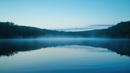 Fototapeta premium Early Morning Fog Over a Still Lake Surrounded by Trees