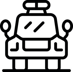 Black and white icon of a police car parked on the street, designed in a modern thin line style