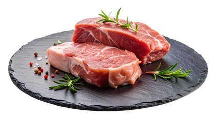 Fresh Raw Pork Cuts on Black Stone Plate, Transparent PNG