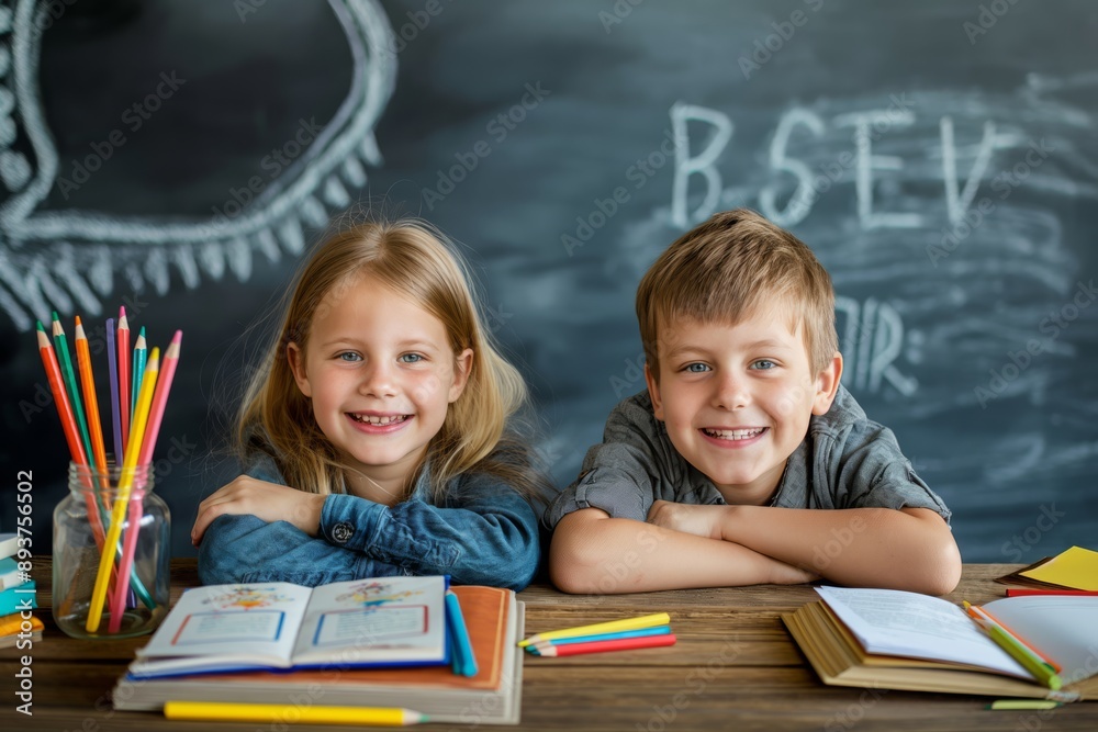 Poster a group of cheerful kids are happily learning in a classroom, embodying the joy of studying and scho