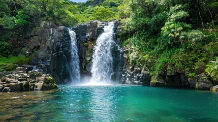 Lush Green Rainforest Waterfall in Mauritius During the Day