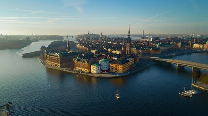 Fototapeta premium Aerial View of Stockholm Cityscape with a Bridge and Boats