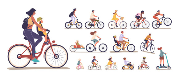 Set Of People Engaging In Bicycle Rides And Other Wheeled Activities. Family, Friends, Kids And Riders Enjoying Outdoor