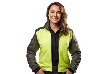 Professional woman truck driver with reflective jacket Isolated on white background