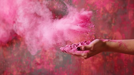 Vibrant Artistic Inspiration CloseUp of Painter's Hand Blowing Pink Powder on Canvas