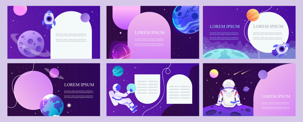 Space and planets. A set of templates for landing pages, banners, flyers, posters, presentations. Spaceship. Astronaut.
