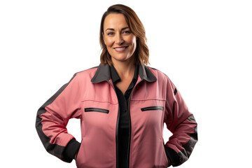 Professional woman truck driver with reflective jacket Isolated on white background