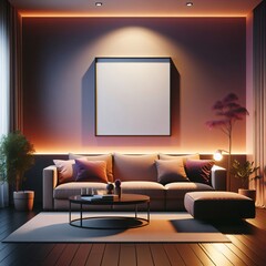 High resolution 3d interior rendering illustration image, empty photo frame on front wall for product display. 