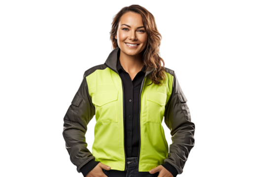Professional woman truck driver with reflective jacket Isolated on white background