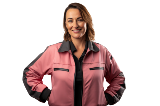 Professional woman truck driver with reflective jacket Isolated on white background