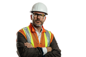 Professional male engineer with arms folded, in a business suit and safety gear, isolated on white background