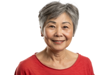 Positive senior Asian woman with short hair, smiling directly at camera, isolated on white background