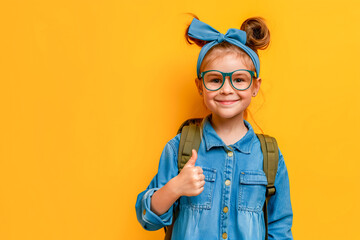 Happy smiling girl with glasses and backpack showing thumb up
