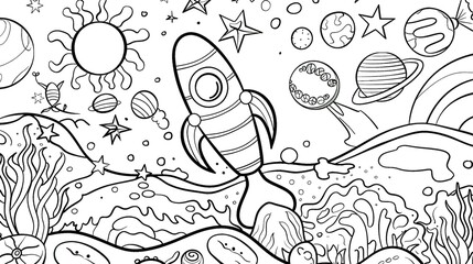 Fototapeta premium Outlined Rocket Ship Soaring Through Space With Stars and Planets