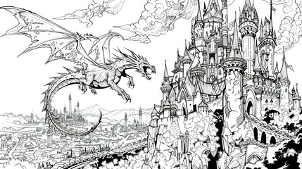 Naklejka premium A Dragon Soaring Over a Majestic Medieval Castle and City