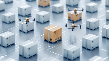 Futuristic drone delivery system with drones flying over packages on a grid network for efficient logistics and shipping solutions.