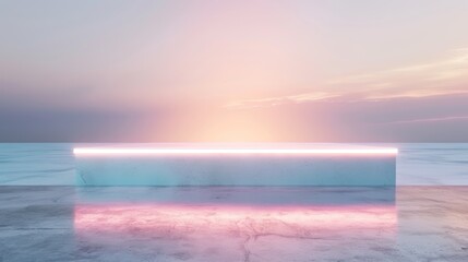 Obraz premium Minimalistic empty podium with neon lights on reflective surface and pastel background, perfect for product display or presentation.