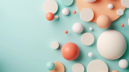 Abstract composition of pastel 3D spheres in various sizes on a turquoise background, creating a modern and playful visual effect.