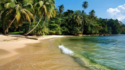 Beach with lush coconut palms and crystal-clear water, perfect for relaxation.
