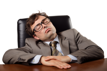 Overworked businessman sleeping with glasses on isolated on white background