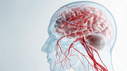 Detailed 3D illustration of a human brain, highlighting blood vessels and neural pathways for medical and educational purposes.