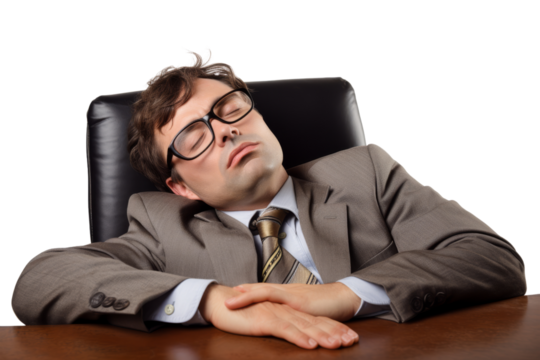 Overworked businessman sleeping with glasses on isolated on white background