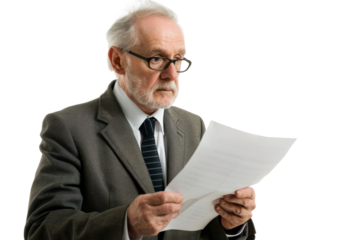 Older executive reading document, isolated on white background