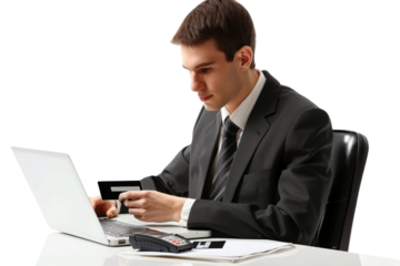 Office worker using credit card for online purchase on laptop Isolated on white background