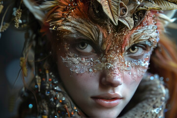 A portrait of a Fox Woman appears on a black background with many sparkling precious stones. A surreal composition combining the serene gaze of a woman with the motif of a fantastic fox