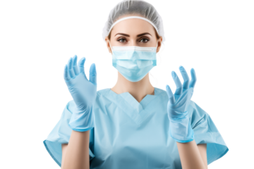 Nurse wearing a face mask and gloves in a hospital setting Isolated on white background
