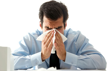 Office worker blowing nose, holding tissue close-up isolated on white background f4d41e478145