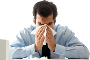Office worker blowing nose, holding tissue close-up isolated on white background f4d41e478145
