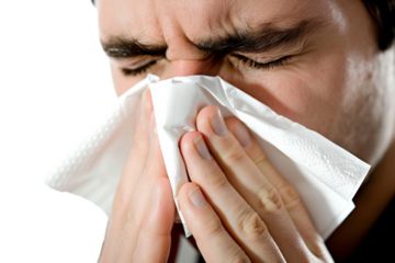 Office worker blowing nose, holding tissue close-up isolated on white background f4d41e478145