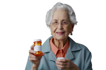 Nurse supporting elderly woman with medication bottle Isolated on white background