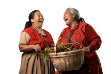 Native women carrying baskets and laughing together Isolated on white background